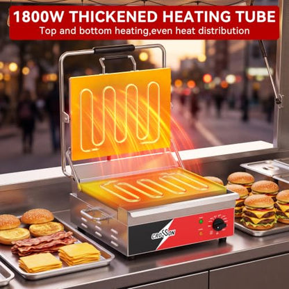 CROSSON 15"×11" Flat ETL Listed Commercial Electric Panini Grill,Hinged Auto Leveling Top Plate Panini Press Sandwitch Maker