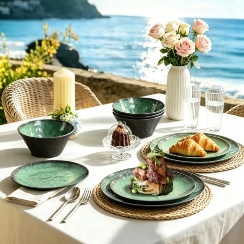 Melamine Dinnerware Sets for 4, 12 Pcs Plates and Bowls set, Green - color: Green and Black