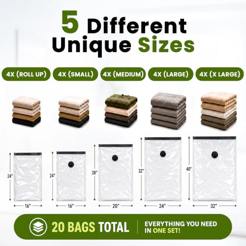 Compression Packing Bags with Rechargeable Air Pump, 20 Pack Combo Size Vaccum Bags for Luggage and Suitcase, Space Saver Vacuum Storage Bags for Clothes, Bedding, Blankets and Moving