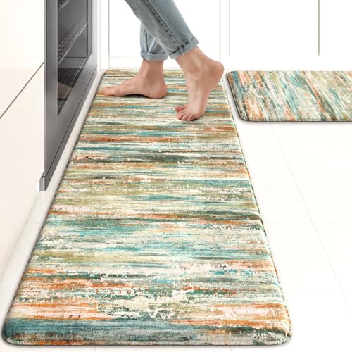 KIMODE Kitchen Mats Cushioned Anti Fatigue,Cyan Abstract Farmhouse Rugs - color: Cyan/Multi, size: 17.3" x 47"+17.3" x 29"--0.47 inches
