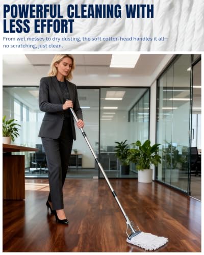 59" Commercial String Mop System, 7" Heavy Duty Metal Frame Wet Mop, 2 Machine Washable Looped-End Heads, Industrial Janitorial Supplies for Warehouse & Gym (59" Mop Kit with 2 Heads)