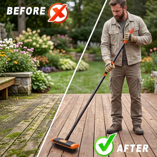 3 in 1 Scrub Brush with Long Handle – Your All-Purpose Deck Brush, Weeding Tool & Concrete Scrubber Tackle Patio Weeds, Floor Stains, Moss, and Rust with one Versatile Set. (Orange) - color: Yellow