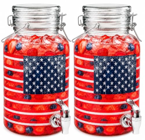 2-PACK 1 Gallon Glass Drink Dispenser for Parties - 250 anniversary American Flag Beverage Dispenser, Leak-Proof, Airtight Lid, Large Mouth, Perfect for Parties, BBQs, Indoor & Outdoor Use - color: Clear