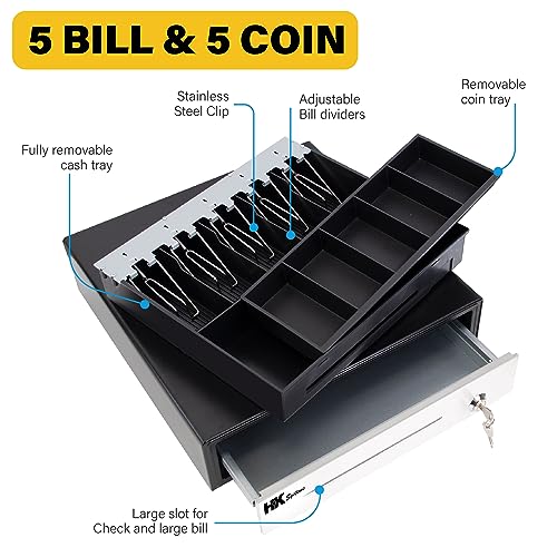 HK SYSTEMS 16" Heavy Duty Black Manual Push Open Cash Drawer with 5Bill/5Coin Stainless Steel with Till Cover - size: 02.16" PUSH+Till Cover