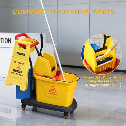 Commercial Cleaning Cart On Wheels, Floor Cleaning Rectangular Mop Bucket with Sturdy Down Press Wringer Combo, 38-Quart, Yellow,ADD One Heavy Duty Mop and Wet Floor Caution Sign（24Inch）