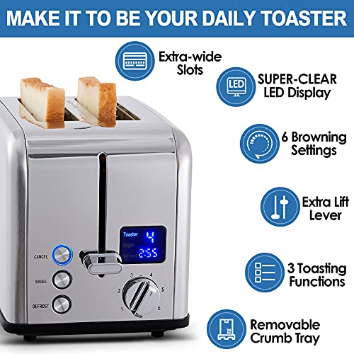CUSIMAX 2 Slice Stainless Steel Toaster with Digital LED Display, Silver - color: Silver Stainless Steel, size: 2 Slice