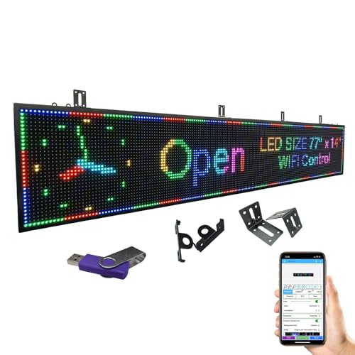 Programmable Scrolling P10 LED Display 77"x14" Large Outdoor Led Sign, High Brightness with 16-Level Dimming, WiFi Control, IP65 Waterproof LED Sign for Business, Restaurant, Shopping Mall Advertising - size: P10 77''×14"×2'' Outdoor& Indoor