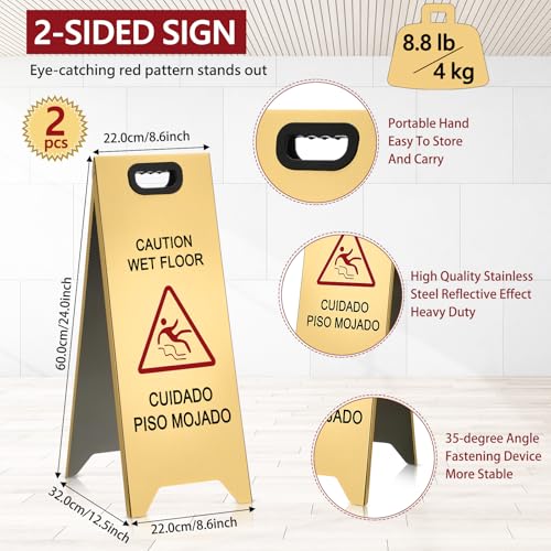 MorningRo 2 Pcs 24 Inch Stainless Steel Wet Floor Sign, Gold - color: Gold