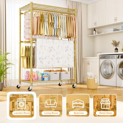 ULIFHOME Rolling Clothes Rack, Clothing Racks for Hanging Clothes, Gold - color: Gold, size: P4 Plus