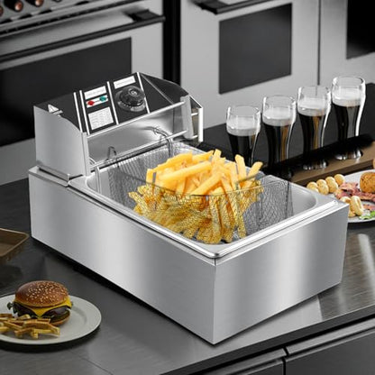 10QT Electric Deep Fryer 304 Stainless Steel Single Tank Commercial Fryer with Basket, Countertop Deep Fryer for Home and Restaurant Use with Lid & Temperature Control