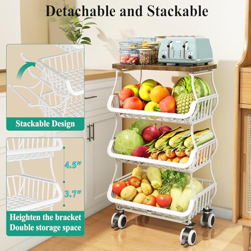 SAYZH 4-Tier Fruit and Vegetable Basket Stand for Kitchen, Wood Top, White - color: White, size: 4 Tiers