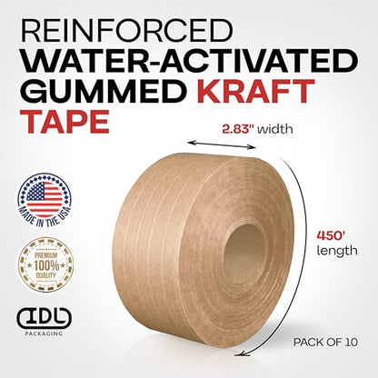 IDL Packaging 2.83" x 450' Water-Activated Kraft Gummed Tape, 30lb, 10-Pack - color: Brown, 30 lbs