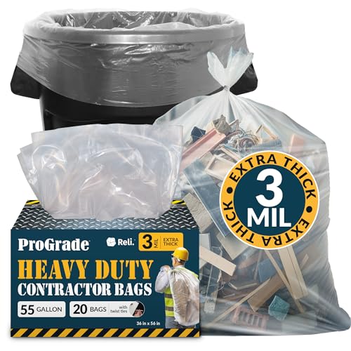 Reli. Contractor Garbage Bags 55 Gallon | 20 Trash Bags | Heavy Duty
