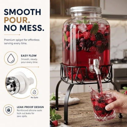 Estilo Gallon Drink Dispenser with Stand - Glass Beverage Dispenser with Stand for Weddings - Sun Tea Jar with Spigot 1 Gallon - Countertop Glass Water Dispenser for Lemonade and Parties - size: 1 Gallon, style: Single w/ Stand