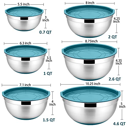 P&P CHEF Stainless Steel Mixing Bowls With Lids, Set of 6, Blue - color: Blue