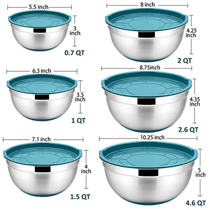 P&P CHEF Stainless Steel Mixing Bowls With Lids, Set of 6, Blue - color: Blue
