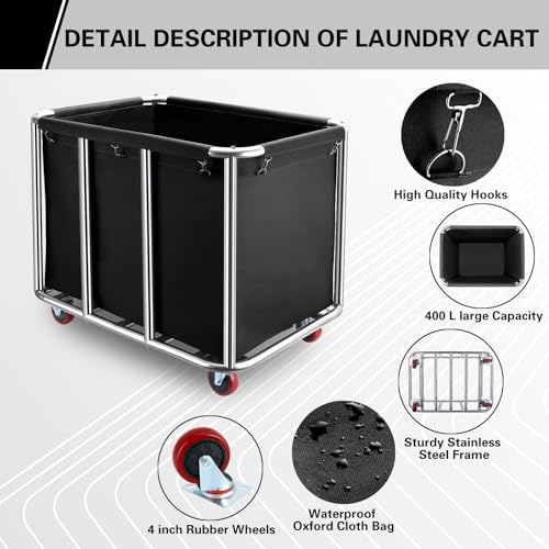 Commercial Laundry Cart with Wheels,400L for Hotel,Home (Black) - color: Black