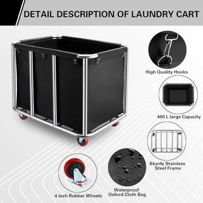 Commercial Laundry Cart with Wheels,400L for Hotel,Home (Black) - color: Black