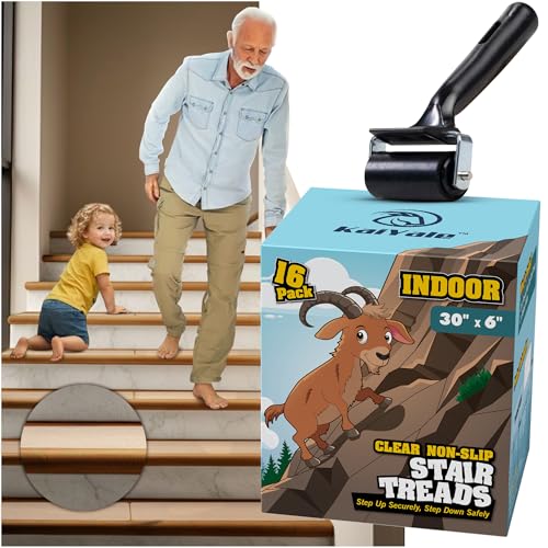 16 Pack Extra Wide Stair Treads Non Slip - 30"x6" Wide Clear Non Slip Stair Treads for Wood Steps | Self-Adhesive Anti Slip Strips for Kids, Seniors & Large Dogs | Includes Rubber Roller - size: 30" x 6"
