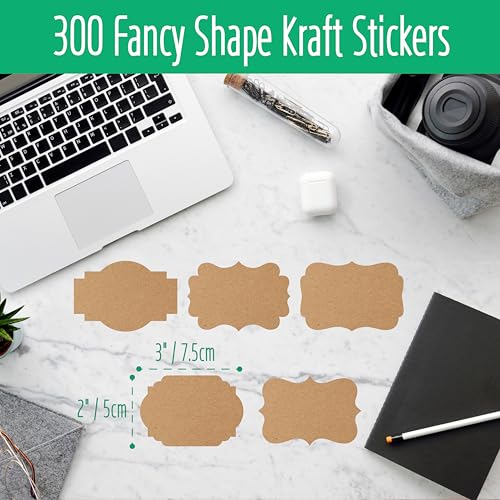 300 PCS Kraft Blank Stickers, 5 Fancy Shapes Labels Blank Stickers Roll Rustic Name Tags with Permanent Adhesive for File Folders, Food Jars, Gift Tags, Home Office Business Uses (2” x 3”) - color: Kraft Paper Primary Color, size: 2” x 3”