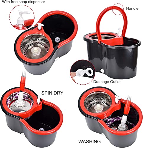 Spin Mop and Bucket with Wringer Set，360° Spin Mop and Bucket System with 3 Replaceable Microfiber Mop 61" Handle Household Cleaning Tools for Wet and Dry,Set of 2 - color: Black-2