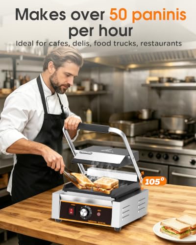 Commercial Panini Press - 1800W Electric Panini Sandwich Grill w/Nonstick Coating & Adjustable Temp, Stainless Steel, Panini Grill Press w/9"x9" Cooking Pan (Full Flat), Double-sided Heating - style: 9"x9" Smooth Plates