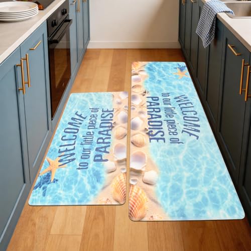 Coatal Beach Theme Kitchen Mats Rugs Set of 2 Anti Fatigue Kitchen Mats for Floor Cushioned Waterproof Non Slip Comfort Standing Mat for Sink Laundry, Ocean Blue - color: Ocean Blue, size: 17"x30"+17"x47"
