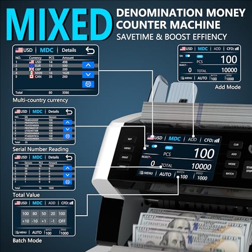PONNOR Money Counter Machine Mixed Denomination, Serial Number, Multi Currency 2CIS/UV/IR/MG/MT Counterfeit Detection Bill Counter, Cash Counter Machine Value Counting for Business with Printer