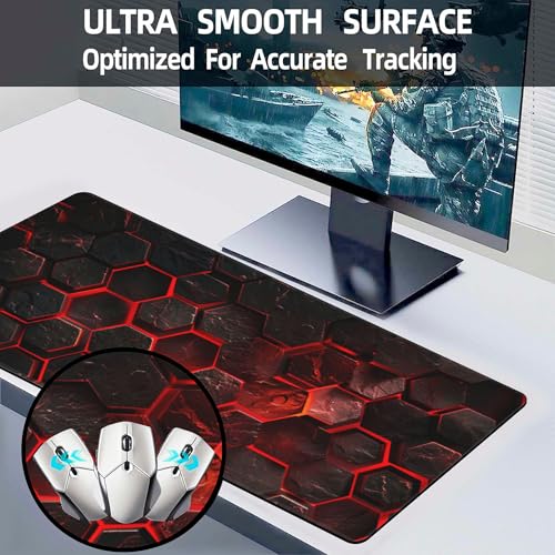 Large Gaming Mouse Pad for Desk,Red Honeycomb Science Technology Desk Mat,Honeycomb Hexagon Desk Pad,Extended Big Computer Keyboard Mouse Pad with Non-Slip Base Stitched Edges 31.5"x11.8" - color: Red Honeycomb Science Technology, size: 11.8" x 31.5"