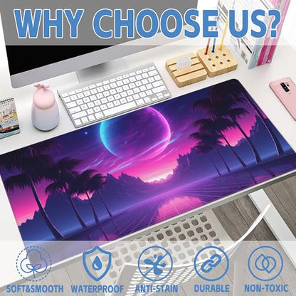 Large Gaming Mouse Pad for Desk,Cool Retrowave Landscape Desk Mat,Science Fiction Scene Desk Pad, Extended Big Computer Keyboard Mouse Pad with Non-Slip Base and Stitched Edge 35.4"x15.7" - color: Cool Retrowave Landscape, size: 15.7" x 35.4"