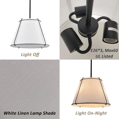 Modern 3-Light 16" Black Pendant Light White Linen Drum Adjustable - color: Black