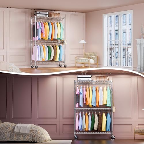 IZEUK Heavy Duty Rolling Garment Rack Wire Clothes Rack for Hanging Clothes (Chrome, 3 Tier with 2 Rod, 15.7" D x 45.3" W x 79.6" H) - color: Chrome, size: 3 Tier with 2 Rods, 15.7"D x 45.3"W x 79.6"H