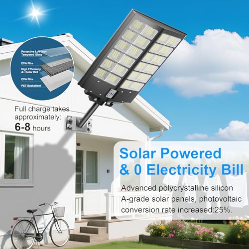 2-Pack Solar Street Light - 9000W Solar Street Lights Outdoor 300000LM, 7000K Commercial Parking Lot Light, Flood Outdoor Lights IP67 Waterproof with Motion Sensor, 3-Year Warranty
