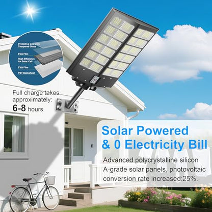 2-Pack Solar Street Light - 9000W Solar Street Lights Outdoor 300000LM, 7000K Commercial Parking Lot Light, Flood Outdoor Lights IP67 Waterproof with Motion Sensor, 3-Year Warranty