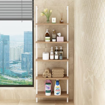 Karl home Oak 5 Tier Wall Mount Ladder Shelf, Metal Frame Open Bookcase - color: Oak