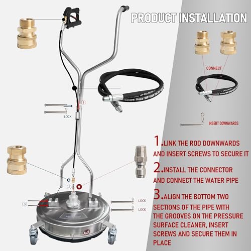 Hourleey 20" Pressure Washer Surface Cleaner with Dual Handles, Stainless Steel Surface Cleaner with 4 Wheels for Driveways, Pathway, Sidewalks, Patios, Decks, 4500 PSI with 3/8" Quick Connector Kit - size: 20 Inch