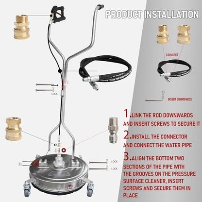 Hourleey 20" Pressure Washer Surface Cleaner with Dual Handles, Stainless Steel Surface Cleaner with 4 Wheels for Driveways, Pathway, Sidewalks, Patios, Decks, 4500 PSI with 3/8" Quick Connector Kit - size: 20 Inch