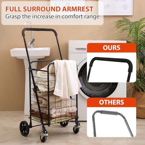 Siffler Grocery Shopping Cart with 360° Swivel Wheels Folding Utility Cart with Easily Collapsible Cart with Extended Foam Cover, Trolley for Laundry, Groceries, Travel (Black, Small) - size: Standard Small+No Bag
