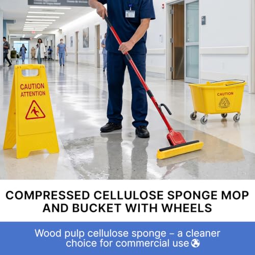 Commercial Sponge Mop and Bucket Set with Wheels for Floor Cleaning - size: 1 mop +2 mop heads+ 1 Bucket