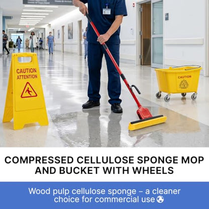 Commercial Sponge Mop and Bucket Set with Wheels for Floor Cleaning - size: 1 mop +2 mop heads+ 1 Bucket