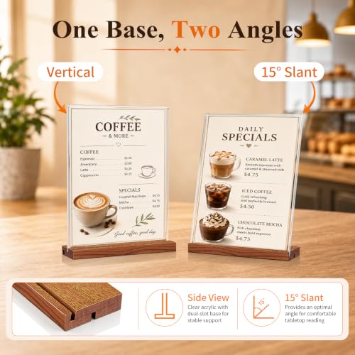 8.5x11 Acrylic Sign Holder with Wooden Base 4 Pack Adjustable Vertical/Tilt - color: Warm Brown, size: 8.5"x11"