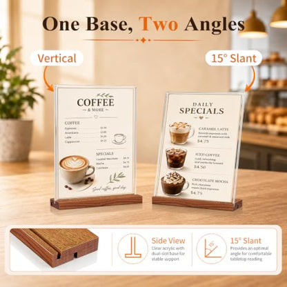8.5x11 Acrylic Sign Holder with Wooden Base 4 Pack Adjustable Vertical/Tilt - color: Warm Brown, size: 8.5"x11"