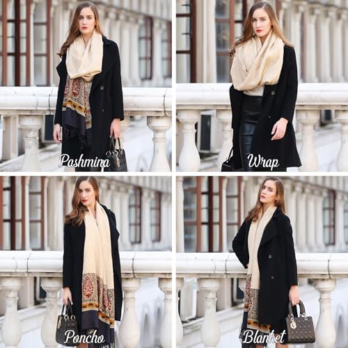 DANA XU 100% Merino Wool Extra Large Pashmina Shawl for Women - color: Navy Beige Paisley