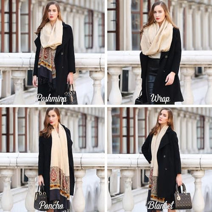 DANA XU 100% Merino Wool Extra Large Pashmina Shawl for Women - color: Navy Beige Paisley