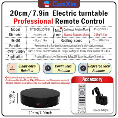 7.9In Remote Motorized Electric Turntable Rotating Display Stand Spinning Rotating Platform 360 Photography Turntable lazy susan base giratoria para for Photography,Display (Load Range:40~100lbs) - size: 7.9inch/Black/100Lbs Load