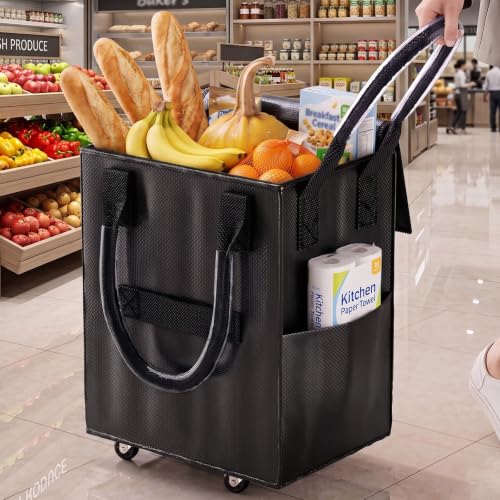 Reusable Grocery Bag on Wheel, Foldable Shopping Cart with Wheels, Can Carry up to 67 Pounds, Suitable for Groceries, Laundry, Camping and Moving. (Black - Large) - color: Black - Large