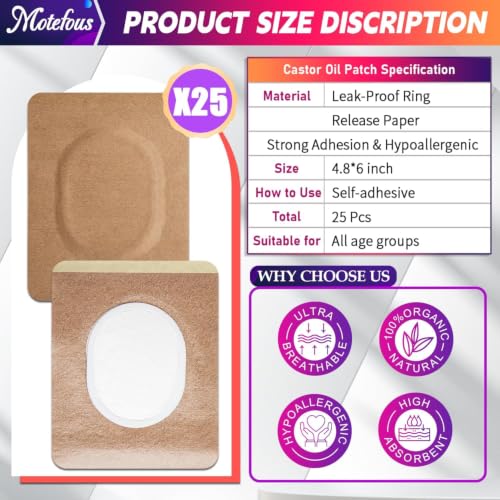 Castor Oil Pack Wrap Patch - Organic Cotton Castor Oil Belly Button Pad, Disposable Self-Adhesive Abdominal Pads, Portable Anti Leakage High Absorbent Patch for Multi-Area Use 25Pcs - size: 1 Count (Pack of 25)