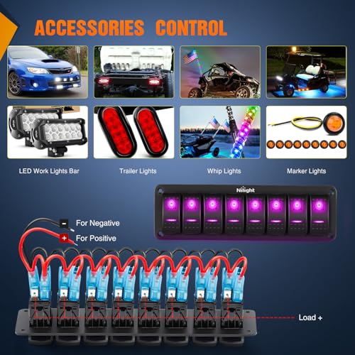 Nilight 8 Gang Rocker Switch Panel w/Purple LED Light 5Pin On Off Pre-Wired - color: Purple, size: 8 Gang