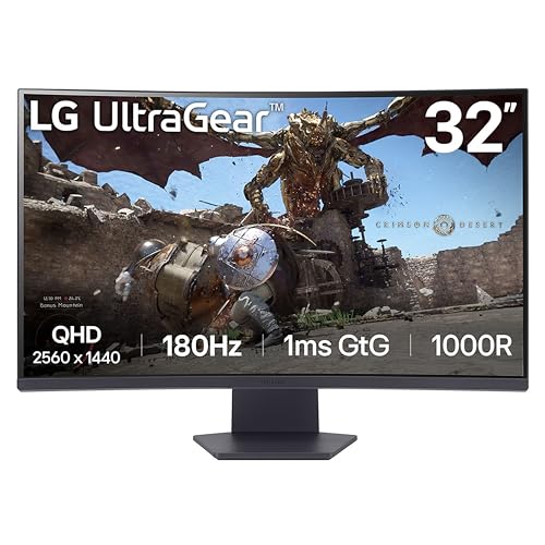 LG 32GS60QC-B Ultragear 32-inch Curved Gaming Monitor QHD (2560x1440) 180Hz 1ms 1000R AMD FreeSync HDR10 HDMIx2 DisplayPort Borderless Design Black Stabilizer DAS Crosshair FPS Counter - Black - size: 32 inch, style: 180Hz