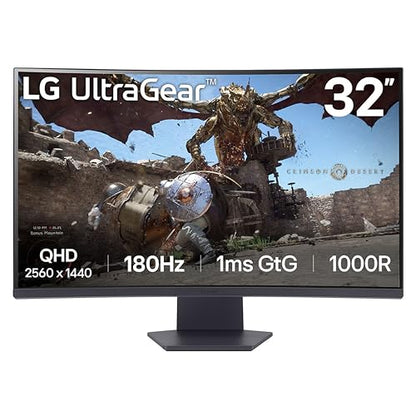 LG 32GS60QC-B Ultragear 32-inch Curved Gaming Monitor QHD (2560x1440) 180Hz 1ms 1000R AMD FreeSync HDR10 HDMIx2 DisplayPort Borderless Design Black Stabilizer DAS Crosshair FPS Counter - Black - size: 32 inch, style: 180Hz